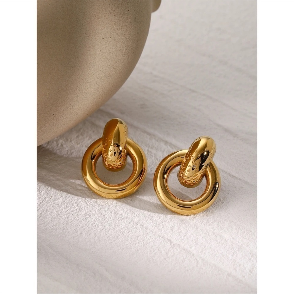 ✨Gold Textured Double Hoop Earrings | 18k Gold Plated Stainless Steel Studs✨ - Picture 3 of 3